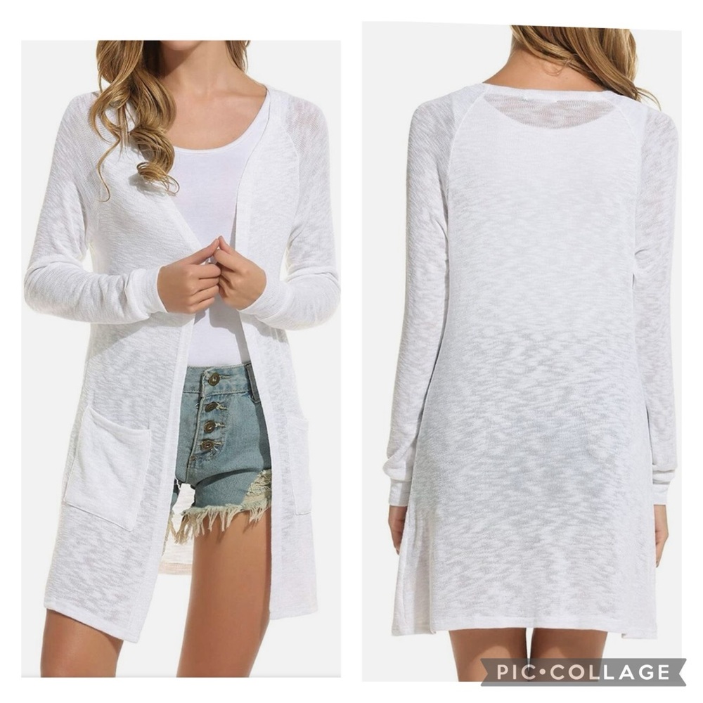 ELESOL XL White Cardigan Sweater Casual Open Front W/Pockets Long Sleeve NWT